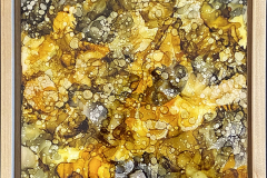 ’Autumn Stream Reflections’ 9x12 alcohol ink, yupo paper on hardboard, resin finish, maple float frame 295-