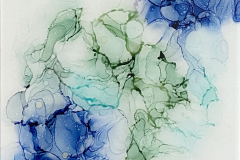 ‘Billowing Blues & Greens’ 6x6 alcohol ink, yupo paper on cradleboard, resin finish, maple float frame 225-