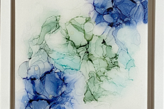 ‘Billowing Blues & Greens’ 6x6 alcohol ink, yupo paper on cradleboard, resin finish, maple float frame 225-