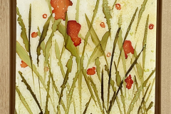 ’Crimson Irises’  6x6 alcohol ink, yupo paper on cradleboard, resin finish, maple float frame 225-