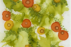 We Go Together Like Peas & Carrots’ 8x8 alcohol ink, yupo paper on cradle board, resin finish, maple float frame 240-